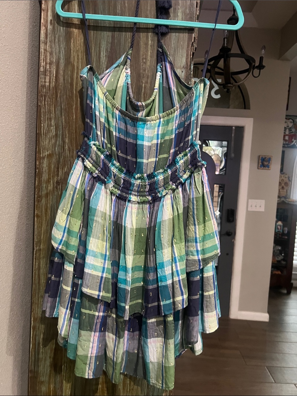 Backless Plaid Tiered Sundress in Green & Blue - Picture 4 of 6
